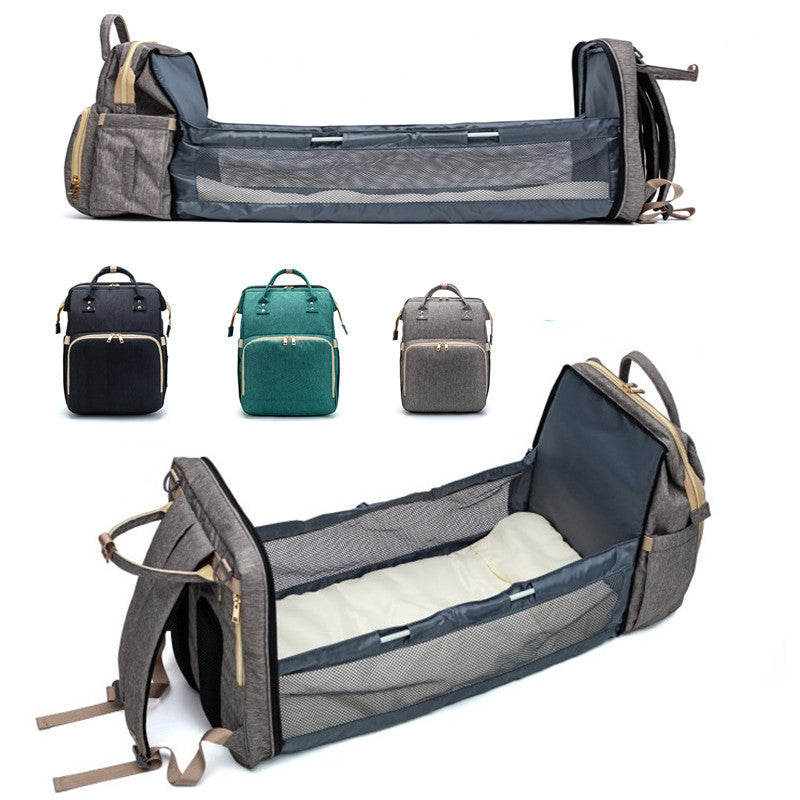 USB Charging Mommy Bed Backpack – Multi-Function Diaper Bag with Portable Crib