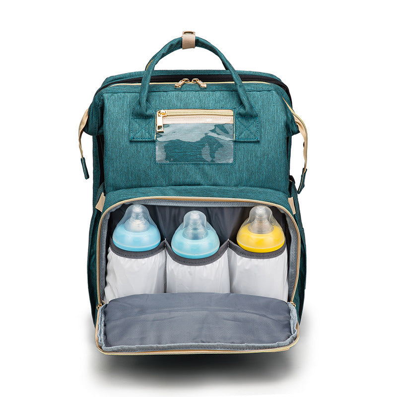USB Charging Mommy Bed Backpack – Multi-Function Diaper Bag with Portable Crib