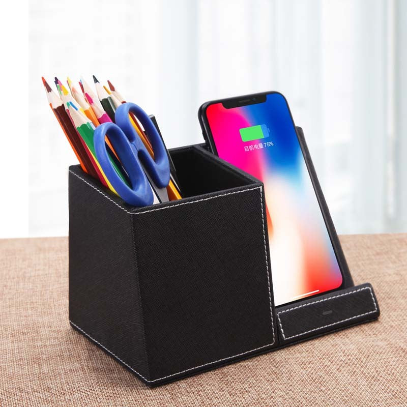 Leather Pen Holder & Wireless Charger – Fast Charging Desk Organizer