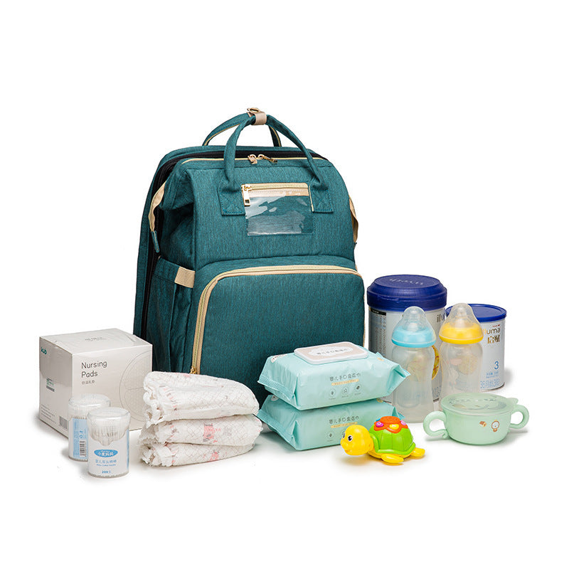 USB Charging Mommy Bed Backpack – Multi-Function Diaper Bag with Portable Crib