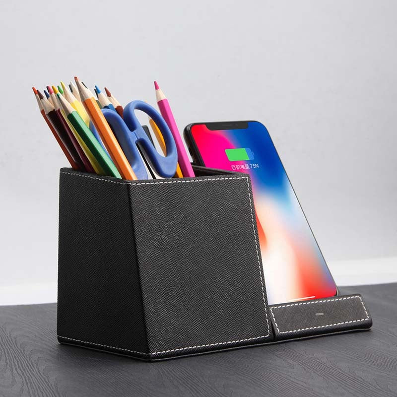 Leather Pen Holder & Wireless Charger – Fast Charging Desk Organizer