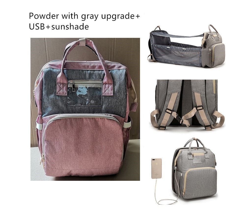USB Charging Mommy Bed Backpack – Multi-Function Diaper Bag with Portable Crib