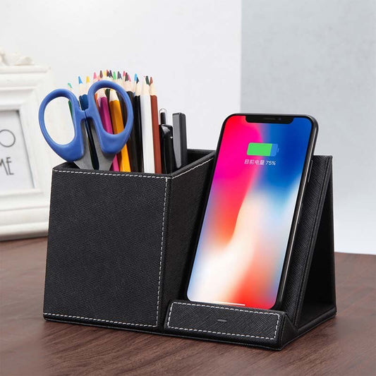 Leather Pen Holder & Wireless Charger – Fast Charging Desk Organizer