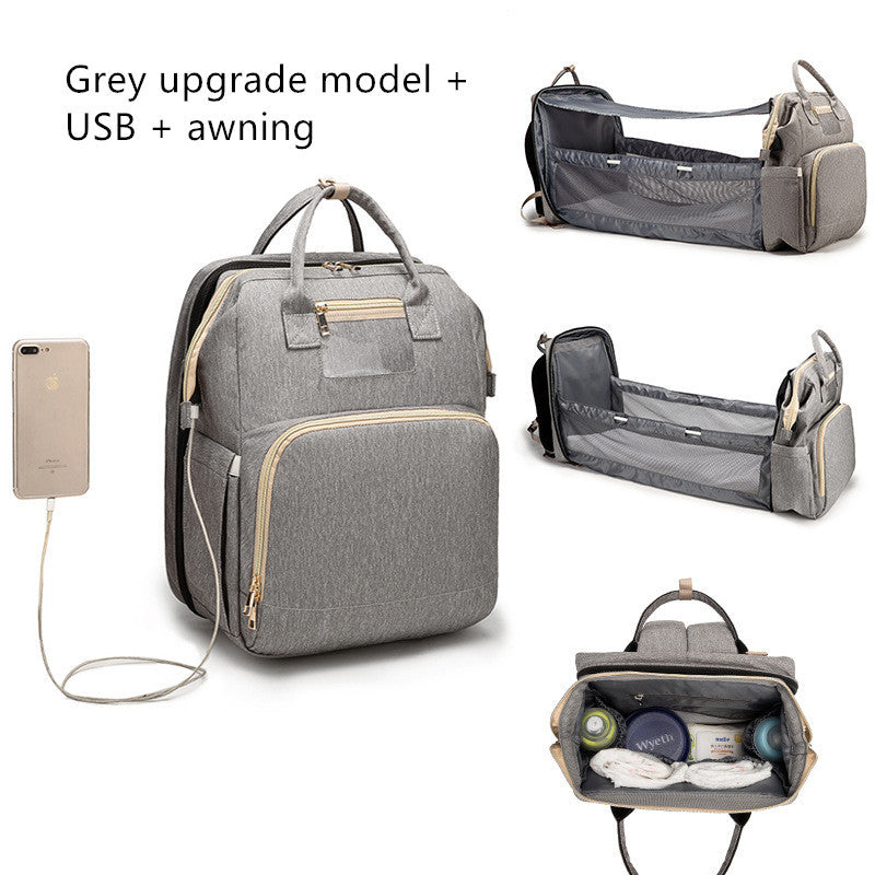 USB Charging Mommy Bed Backpack – Multi-Function Diaper Bag with Portable Crib