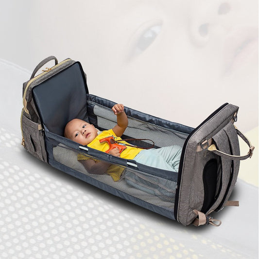 USB Charging Mommy Bed Backpack – Multi-Function Diaper Bag with Portable Crib