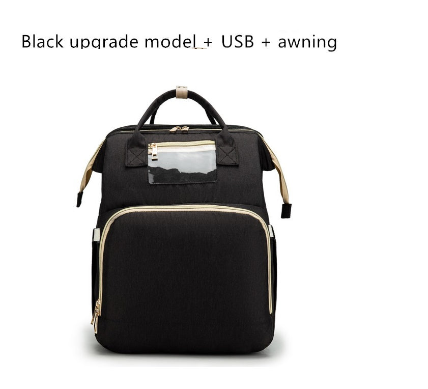 USB Charging Mommy Bed Backpack – Multi-Function Diaper Bag with Portable Crib